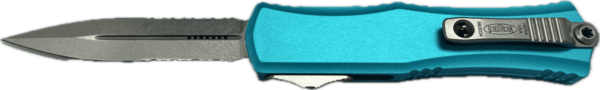 MICROTECH KNIVES MINI HERA II DOUBLE EDGE TURQUOISE PARTIAL SERRATED STONEWASH CLIP SIDE