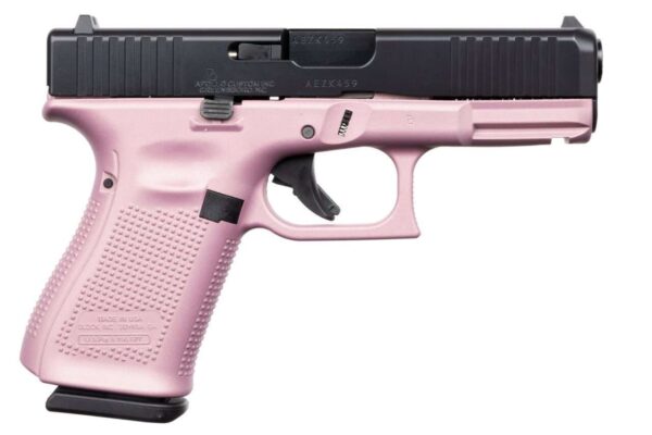 APOLLO CUSTOM GLOCK 19 GEN 5 PINK CHAMPAGNE FRAME ELITE BLACK SLIDE CERAKOTE LEFT SIDE VIEW