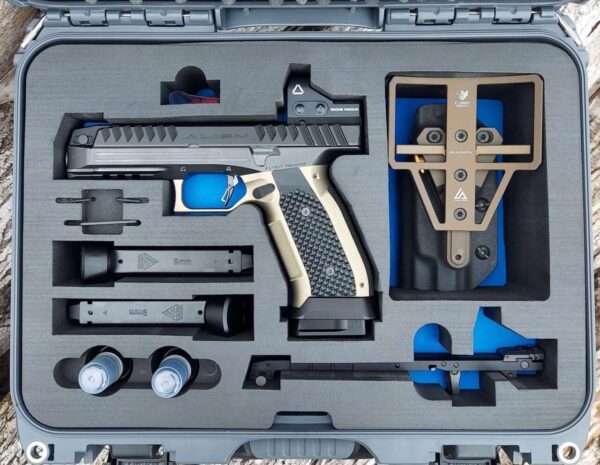 LANCER SYSTEMS LAUGO ARMS ALIEN FULL KIT 9MM LEFT SIDE VIEW WITH ALL ACCESSORIES