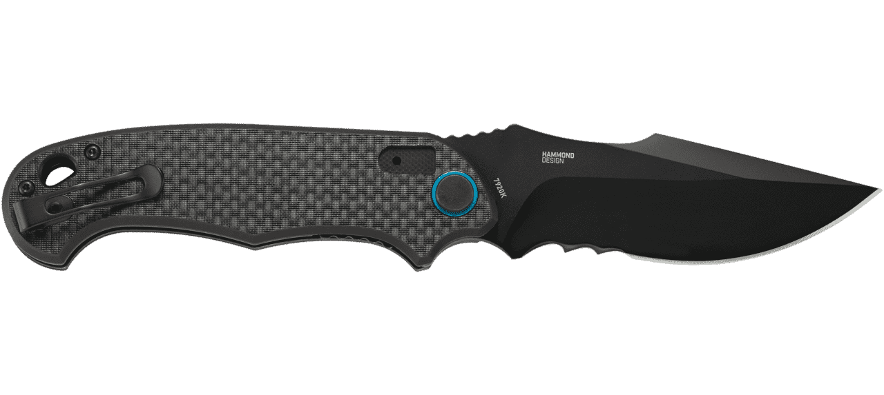 CRKT P.S.D. (PARTICLE SEPARATION DEVICE) BLACK VEFF SERRATIONS RIGHT SIDE VIEW OPEN