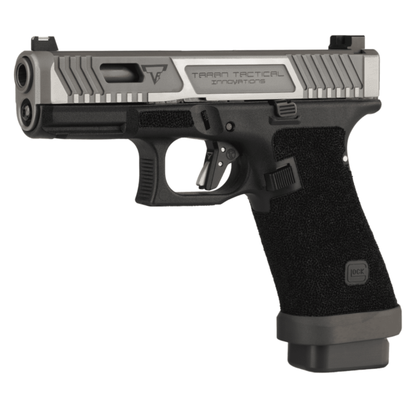 TARAN TACTICAL DAY SHIFT "SNAKE EYES" GLOCK 45 COMBAT MASTER  9MM LEFT SIDE VIEW FRONT ANGLE