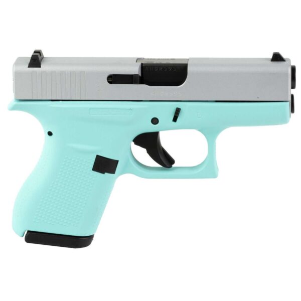 GLOCK 42 US ROBINS EGG BLUE CRUSHED SILVER .380ACP LEFT SIDE VIEW FRONT ANGLE