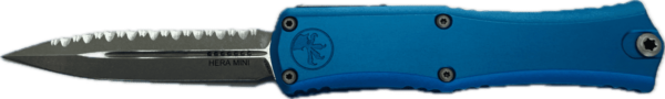 MICROTECH KNIVES MINI HERA II DOUBLE EDGE BLUE FULL SERRATED APOCALYPTIC BOX/LABEL