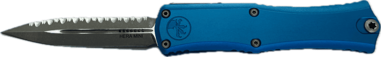 MICROTECH KNIVES MINI HERA II DOUBLE EDGE BLUE FULL SERRATED APOCALYPTIC BOX/LABEL