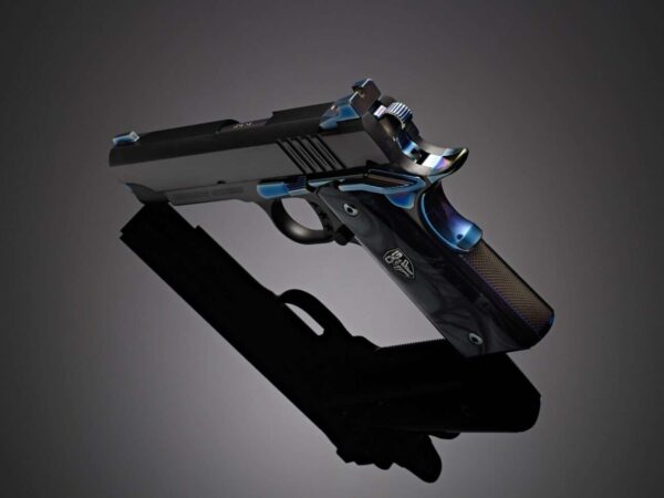 CABOT GUN OF THE MONTH MARCH MIDNIGHT STANDARD .45 ACP TOP LEFT SIDE VIEW REAR ANGLE