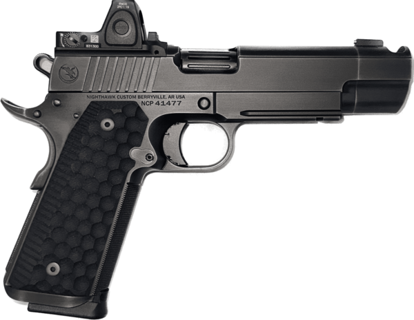 NIGHTHAWK CUSTOM FIREHAWK IOS SMOKED NITRIDE RECON RAIL 9MM RMR AND MOUNT W/ FORWARD MOUNTED REAR SIGHT LEFT SIDE VIEW