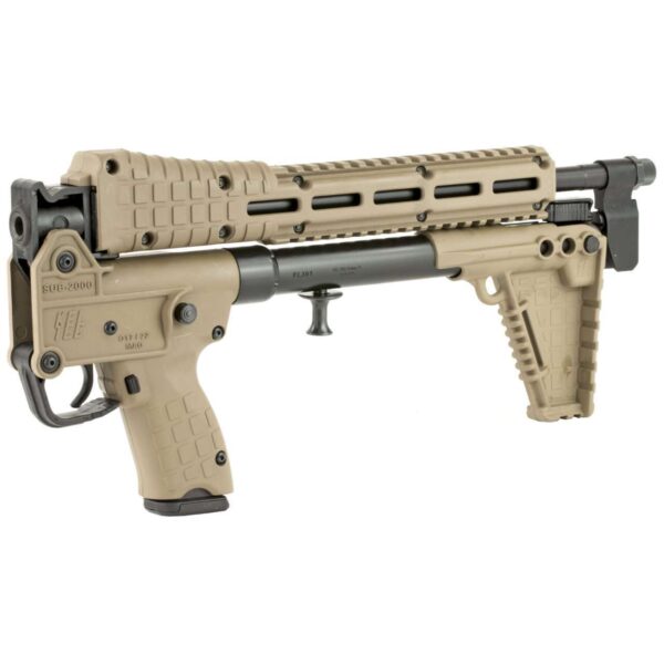 KELTEC SUB2000 GEN 2 GLOCK 17 MAGAZINES TAN BLUED LEFT SIDE FOLDED FRONT ANGLE