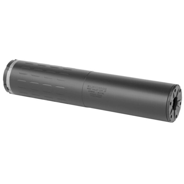 SILENCERCO HYBRID 46 BLACK .46CAL TOP LEFT SIDE VIEW FRONT ANGLE