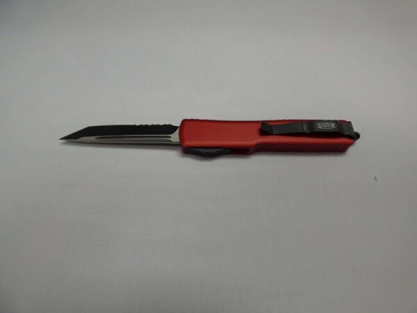 MICROTECH UTX70 TANTO EDGED RED PARTIAL SERRATED BLACK BLADE/HARDWARE BLADE OUT CLIP SIDE