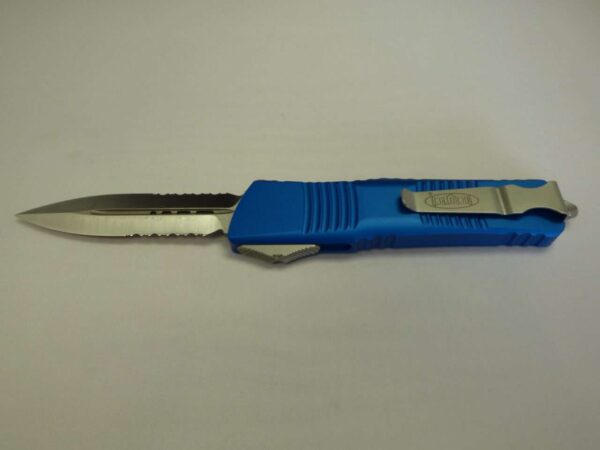 MICROTECH COMBAT TROODON DOUBLE EDGED BLUE SATIN STANDARD PARTIAL SERRATED CLIP SIDE