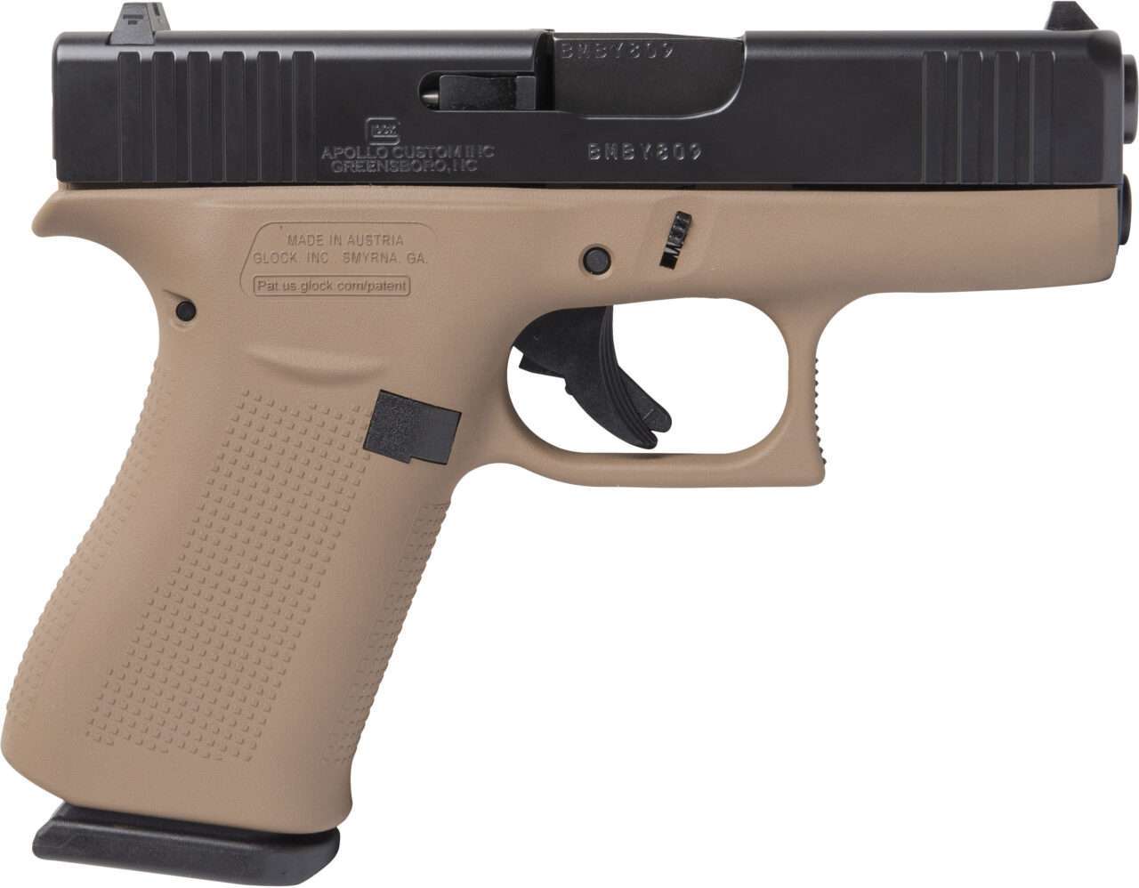 APOLLO CUSTOM GLOCK 43X DAVIDSON'S DARK EARTH FRAME BLACK SLIDE CERAKOTE 9MM RIGHT SIDE VIEW
