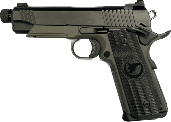 NIGHTHAWK CUSTOM SHADOW HAWK COMMANDER TWO TONE BLACK/GREEN THREADED BARREL IOS .45ACP LEFT SIDE VIEW