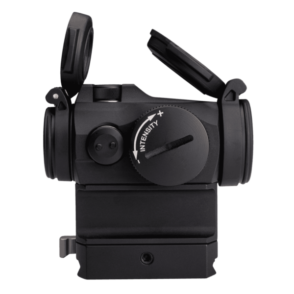 AIMPOINT MICRO H2 WITH 39MM SPACER AND LRP MOUNT TOP RIGHT SIDE VIEW FRONT ANGLE
