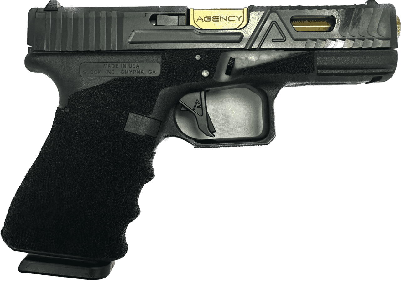 AGENCY ARMS GLOCK 19 GEN 3 JARVIS CUT STIPPLED FRAME EXA CUT SLIDE WITH AOS TIN FLUTED BARREL RIGHT SIDE VIEW