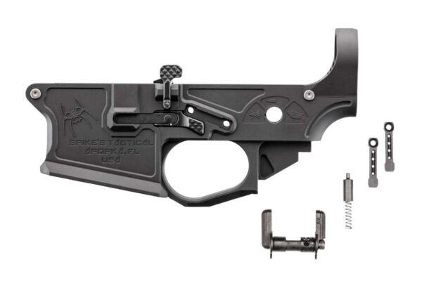 SPIKES BILLET LOWER GEN II LEFT SIDE VIEW WITH SELECTOR, BUFFER RETAINER AND ANTI ROTATE PINS