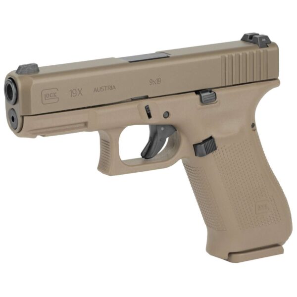 GLOCK 19X TAN FRAME TAN NPVD SLIDE LEFT SIDE VIEW FRONT ANGLE