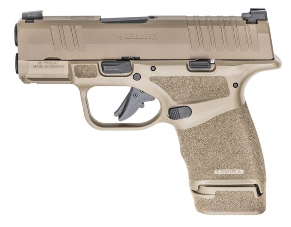 SPRINGFIELD ARMORY HELLCAT 3" DESERT FDE WITH EXTENED MAGAZINE LEFT SIDE VIEW