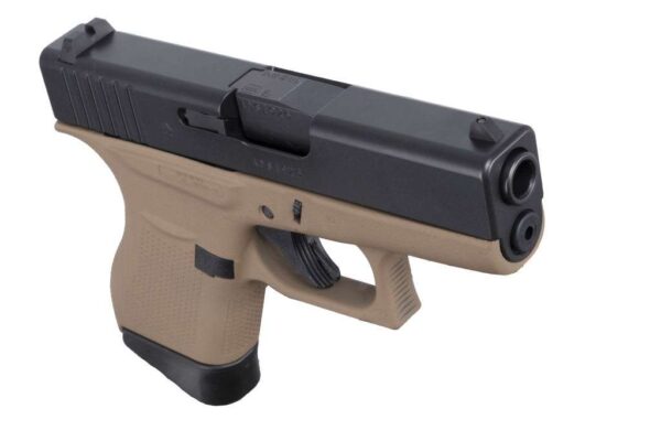 APOLLO CUSTOM GLOCK 43 DAVIDSON'S DARK EARTH FRAME BLACK SLIDE CERAKOTE 9MMTOP RIGHT SIDE VIEW FRONT ANGLE