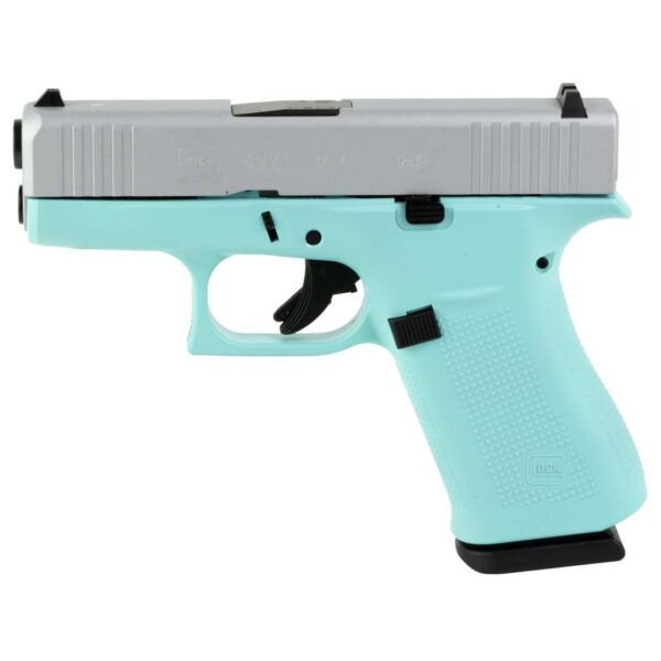 GLOCK 43X US SKYDAS CERAKOTE ROBIN EGG BLUE FRAME CRUSHED SILVER SLIDE 9MM LEFT SIDE VIEW
