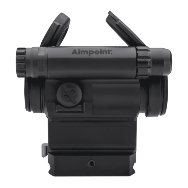 AIMPOINT COMPM5 WITH 39MM SPACER AND LRP MOUNT TOP LEFT SIDE VIEW FRONT ANGLE
