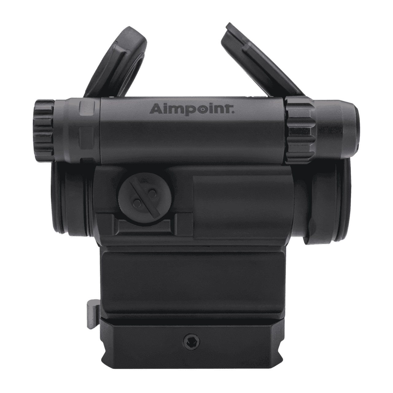 AIMPOINT COMPM5 WITH 39MM SPACER AND LRP MOUNT TOP LEFT SIDE VIEW FRONT ANGLE