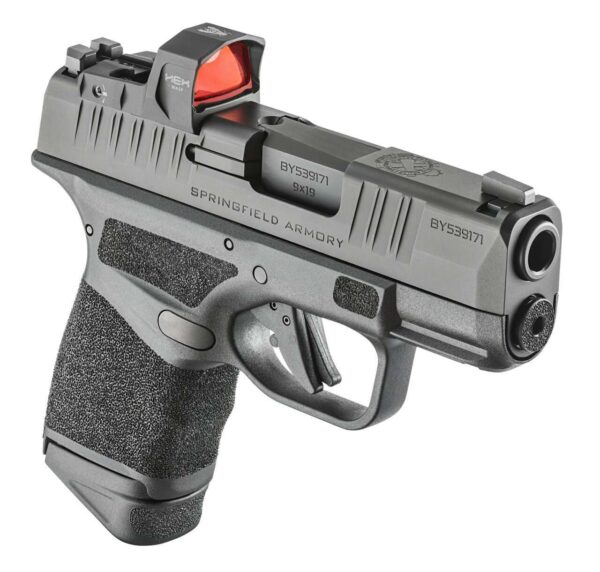 SPRINGFIELD ARMORY HELLCAT OSP WITH WASP OPTIC TOP RIGHT SIDE VIEW FRONT ANGLE FINGER EXTENSION MAGAZINE