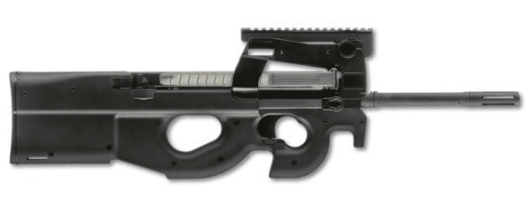 FN HERSTAL PS90 50RND WITH VORTEX RED DOT 5.7X28 TOP RIGHT SIDE VIEW FRONT ANGLE WITH MAGS AND OPTIC