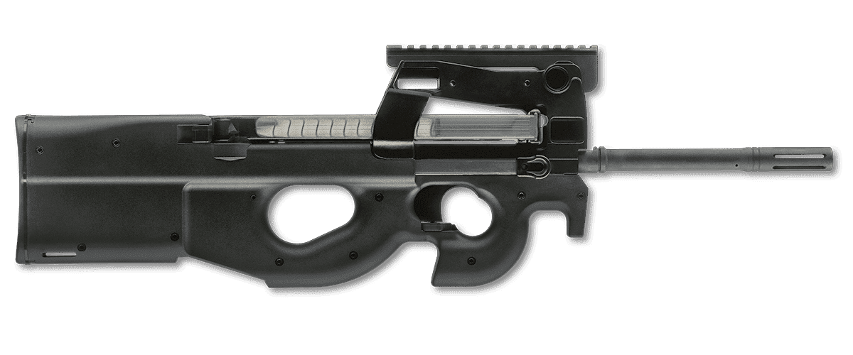 FN HERSTAL PS90 50RND WITH VORTEX RED DOT 5.7X28 TOP RIGHT SIDE VIEW FRONT ANGLE WITH MAGS AND OPTIC