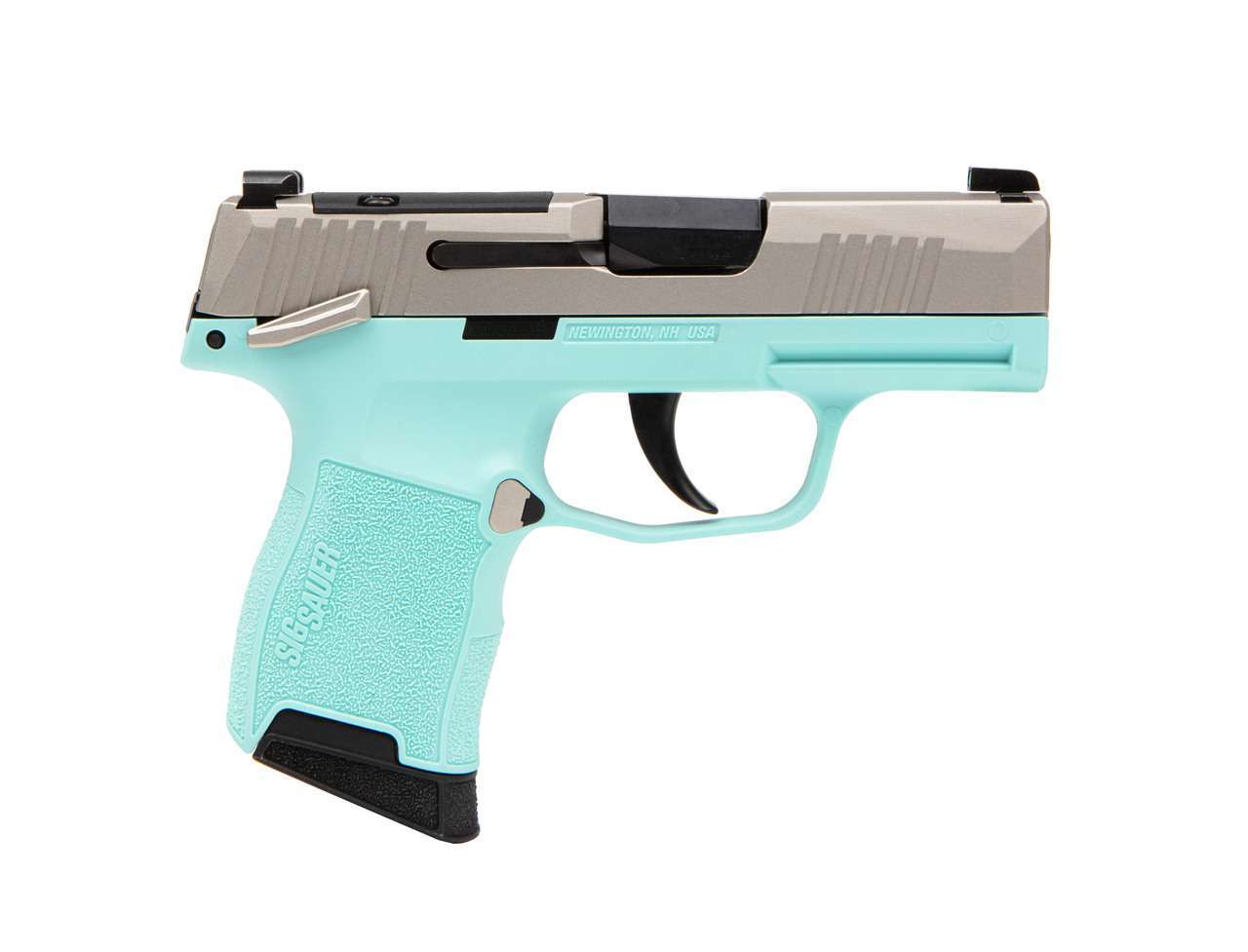 SIG SAUER P365 ROBINS EGG BLUE STAINLESS NICKEL CONTROLS OPTIC READY .380 ACP RIGHT SIDE VIEW