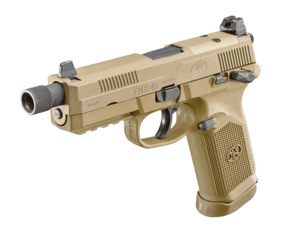 FNX-45 TACTICAL FLAT DARK EARTH LEFT SIDE VIEW FRONT ANGLE