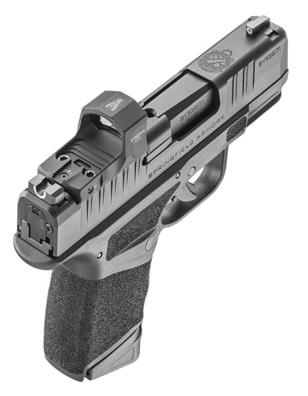 SPRINGFIELD ARMORY HELLCAT OSP WITH WASP OPTIC TOP RIGHT SIDE BACK ANGLE VIEW FINGER EXTENSION MAGAZINE