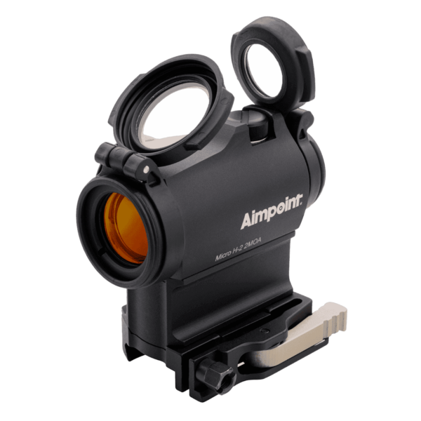 AIMPOINT MICRO H2 WITH 39MM SPACER AND LRP MOUNT TOP LEFT SIDE VIEW FRONT ANGLE