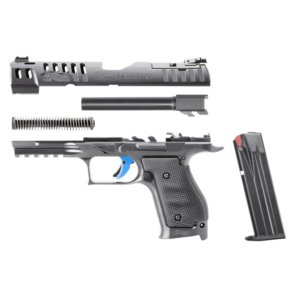 WALTHER Q5 MATCH STEEL FRAME STANDARD 9MM LEFT SIDE VIEW TAKE APART SHOWING MAGAZINE, FRAME, BARREL, RECOIL SPRING ASSEMBLY AND SLIDE