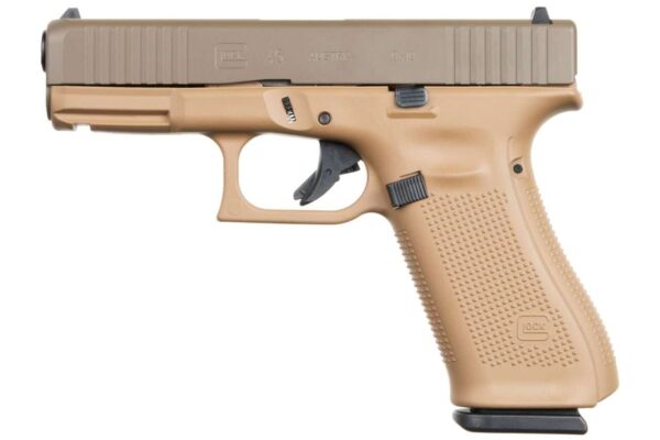 APOLLO CUSTOM GLOCK 45 DAVIDSON'S DARK EARTH FRAME PATRIOT BROWN SLIDE CERAKOTE 9MM LEFT SIDE VIEW