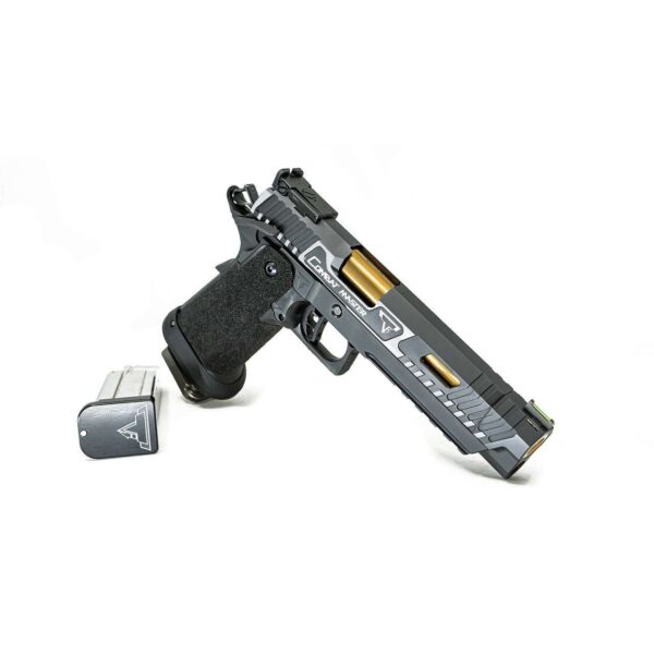 TARAN TACTICAL JOHN WICK 3 COMBAT MASTER SIGHT BLOCK .40S&W TOP RIGHT SIDE VIEW MUZZLED ANGLED DOWN WITH MAGAZINE