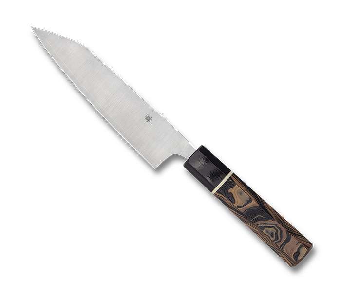 SPYDERCO ITAMAE FUNAYUKI MURRAY CARTER COLLECTION LEFT SIDE VIEW ANGLE UP AND TO THE LEFT WITH EDGE FACING DOWN