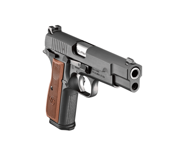 FN HIGH POWER BLACK WITH BLACK GRIPS TOP RIGHT SIDE VIEW FRONT ANGLE