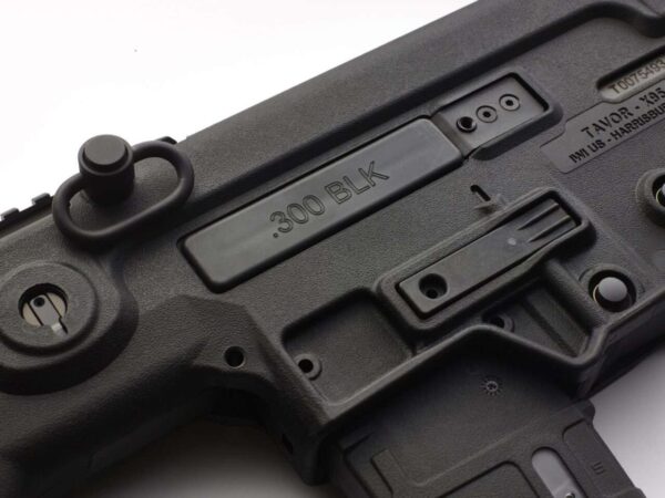 tavor x95 rear of receiver with top of magazine and markings 300 BLK left side close angled down