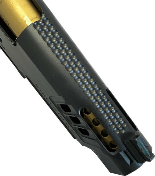 STACCATO P OPTIC READY CUSTOM TITANIUM NITRIDE GOLD BULL BARREL TACTICAL TEXTURE GRIP RIGHT SIDE VIEW TOP ANGLE PORTS AND MACHINE WORK CLOSE UP