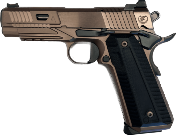 NIGHTHAWK CUSTOM AGENT 2 COMMANDER IOS ROSE GOLD WITH BLACK DLC ACCENTS .45 ACP LEFT SIDE VIEW