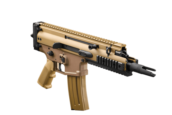 FN HERSTAL SCAR 15P V-RAIL PISTOL FDE 7.5" 5.56 NATO TOP RIGHT SIDE VIEW FRONT ANGLE