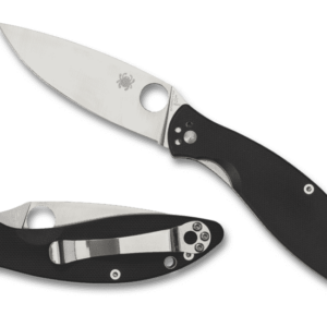 SPYDERCO ASTUTE™ CLOSED AND OPEN WITH TIP ANGLED UP TO THE LEFT AND EDGE FACING DOWN