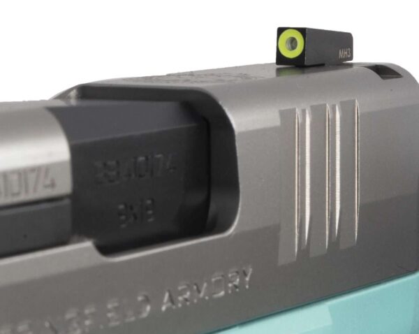 SPRINGFIELD ARMORY HELLCAT® 3″ MICRO-COMPACT ROBINS EGGS BLUE STAINLESS DAVIDSON'S EXCLUSIVE REAR RIGHT SIDE VIEW FRONT SIGHT CLOSE UP