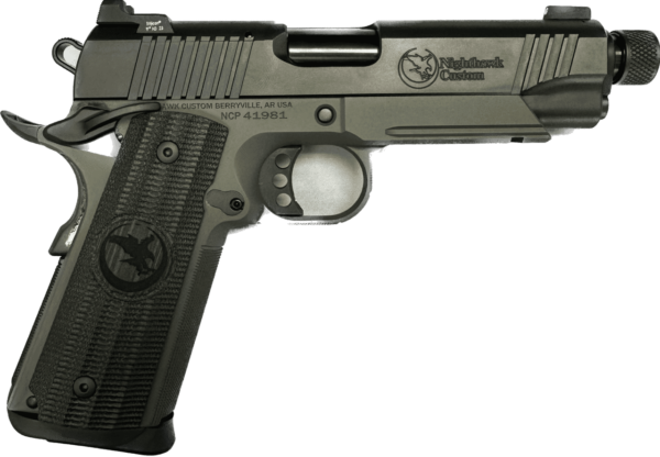 NIGHTHAWK CUSTOM SHADOW HAWK COMMANDER TWO TONE BLACK/GREEN THREADED BARREL IOS .45ACP LEFT SIDE VIEW