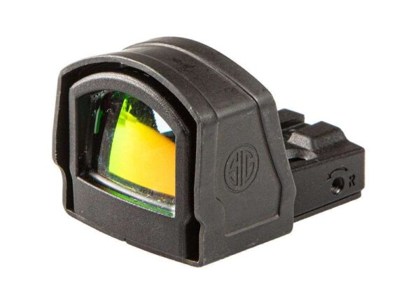 SIG SAUER ROMEOZERO ELITE 1X24MM CIRCLE DOT TOP LEFT SIDE VIEW FRONT ANGLE WITH HOUSING/SHROUD