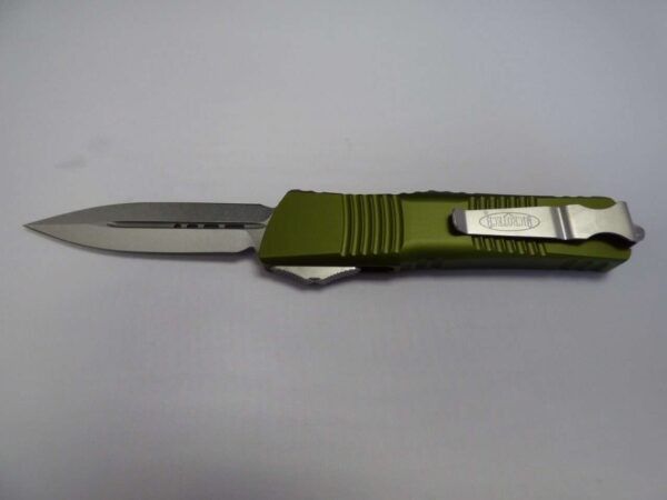 MICROTECH COMBAT TROODON DOUBLE EDGE OD GREEN STONEWASH STANDARD BLADE OUT CLIP SIDE