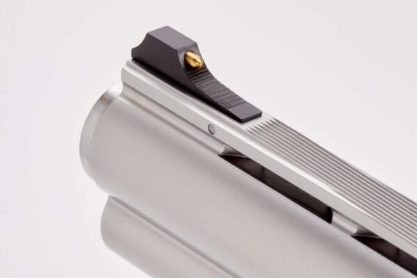 KORTH SILVER MONGOOSE 4" SILVER DLC .357 MAGNUM LEFT SIDE VIEW MUZZLE CLOSE UP