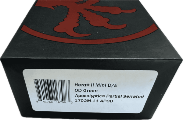 MICROTECH KNIVES MINI HERA II DOUBLE EDGE OD GREEN PARTIAL SERRATED APOCALYPTIC BOX/LABEL
