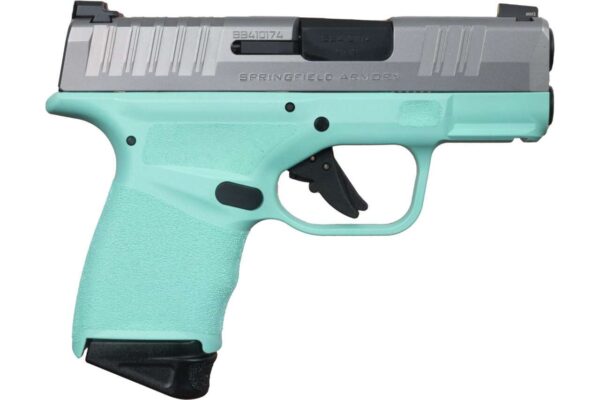 SPRINGFIELD ARMORY HELLCAT® 3″ MICRO-COMPACT ROBINS EGGS BLUE STAINLESS DAVIDSON'S EXCLUSIVE RIGHT SIDE VIEW FRONT ANGLE