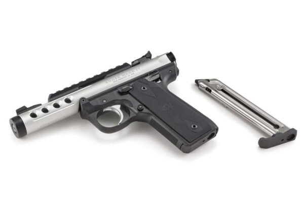RUGER MARK IV 22/45 LITE CLEAR ANODIZEDLEFT SIDE VIEW LAYING FLAT WITH MAGAZINE OUT